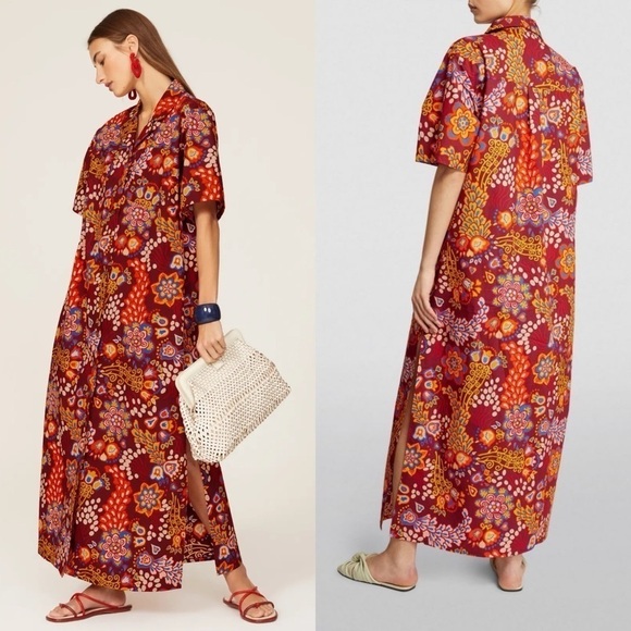La DoubleJ Dress Bowling Floral Orange Relaxed Maxi Shirtdress Taranta XS GUC - Picture 12 of 12